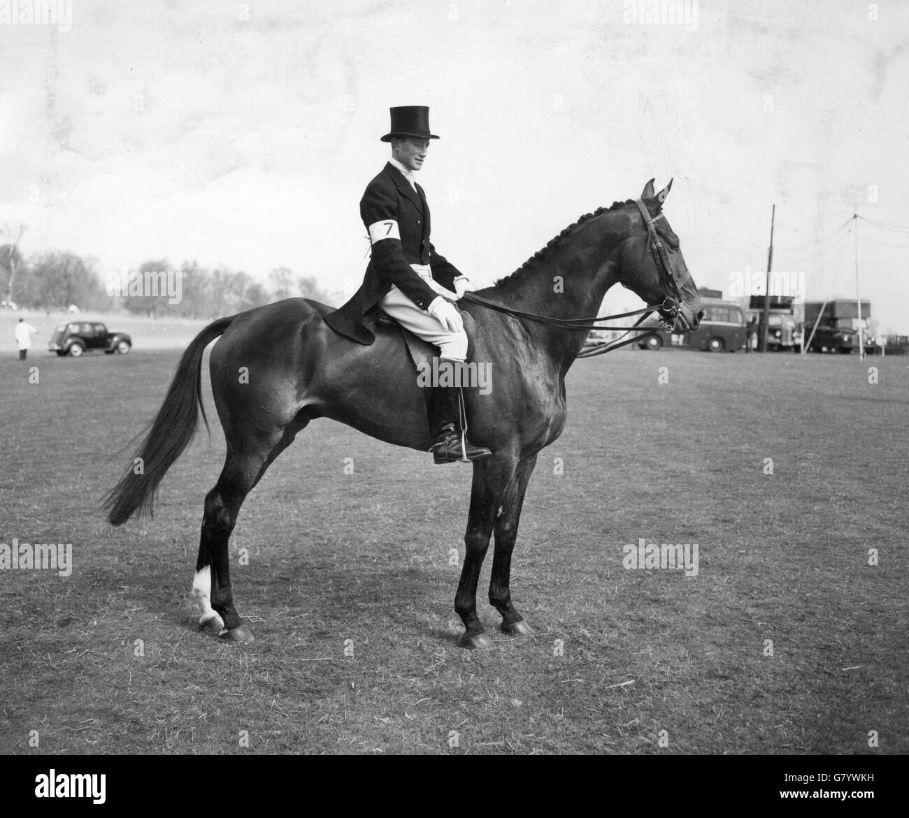 Bertie Hill, riding the Queen's horse Countryman III, at the Badminton horse trials taking place in the grounds of Badminton House, Gloucestershire, home of the Duke and Duchess of Beaufort. Mr Hill rode him in the dressage event. Stock Photo