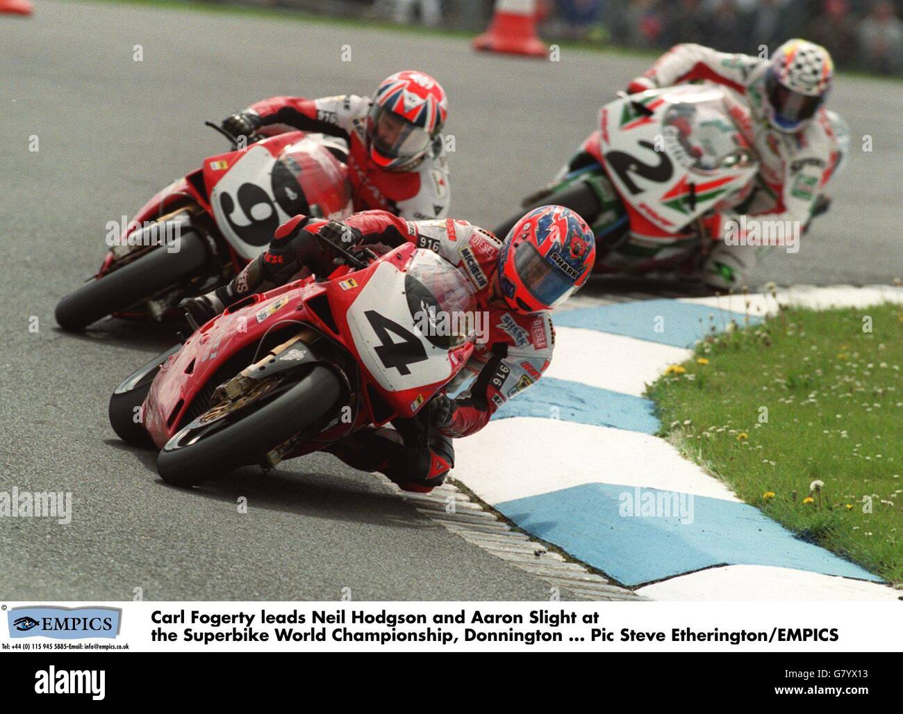 Motor Sports ... Superbike World Championship, Donnington Park. Carl Fogarty leads Neil Hodgson and Aaron Slight at the Superbike World Championship, Donnington Stock Photo