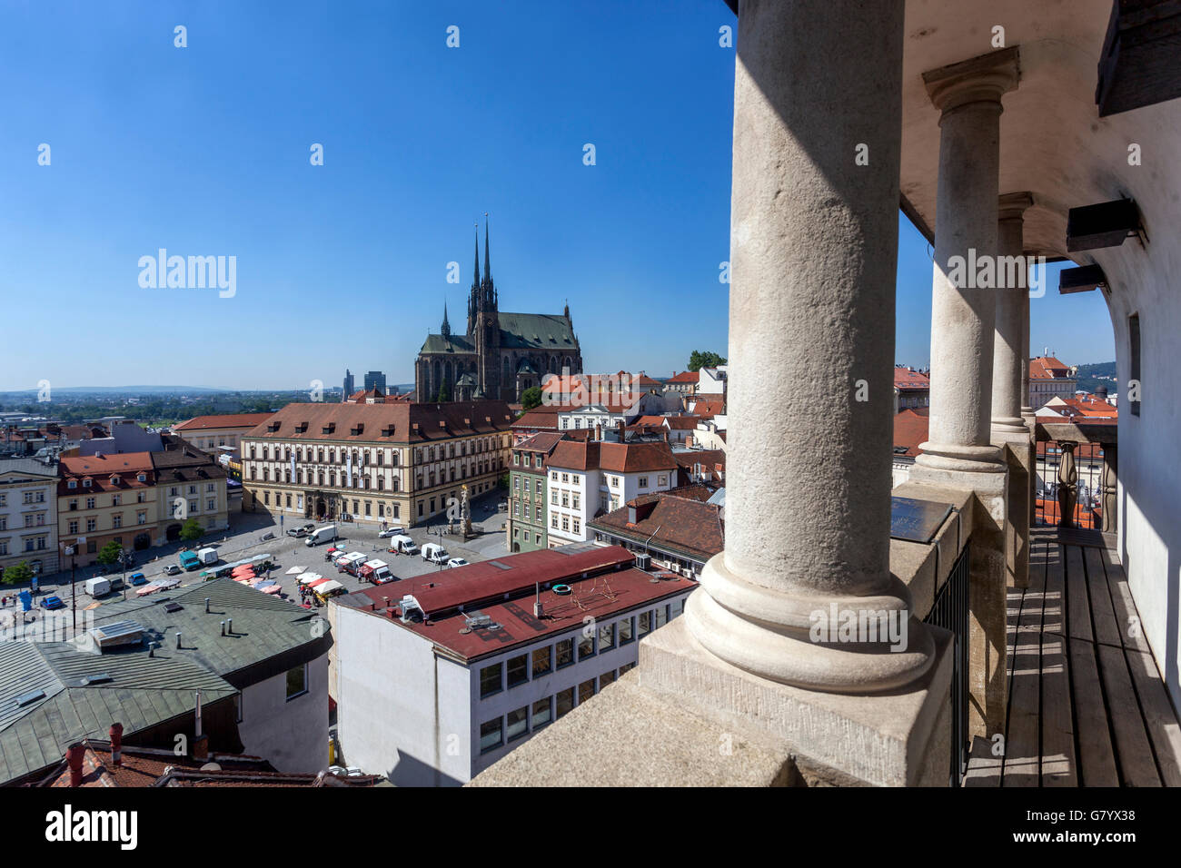 Cityscape, Zelny Trh Square (Cabbage Market) and Cathedral view from Observation Tower of the Old Town Hall, Corridor Balcony Brno Czech Republic Stock Photo