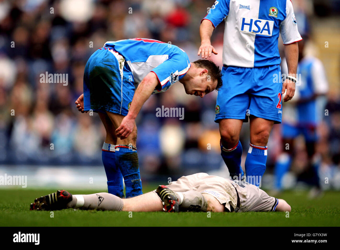 Blackburn Rovers' Paul Dickov doesnt seem to show any sympathy towards Leicester City's injured defender Alan Maybury Stock Photo