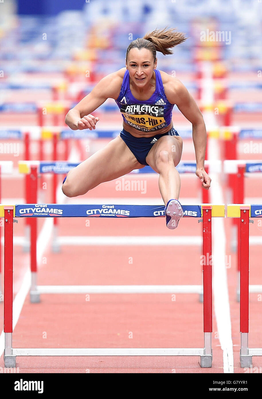 Jessica ennis hill right clears final hurdle in womens 100m hurdles hires stock photography and