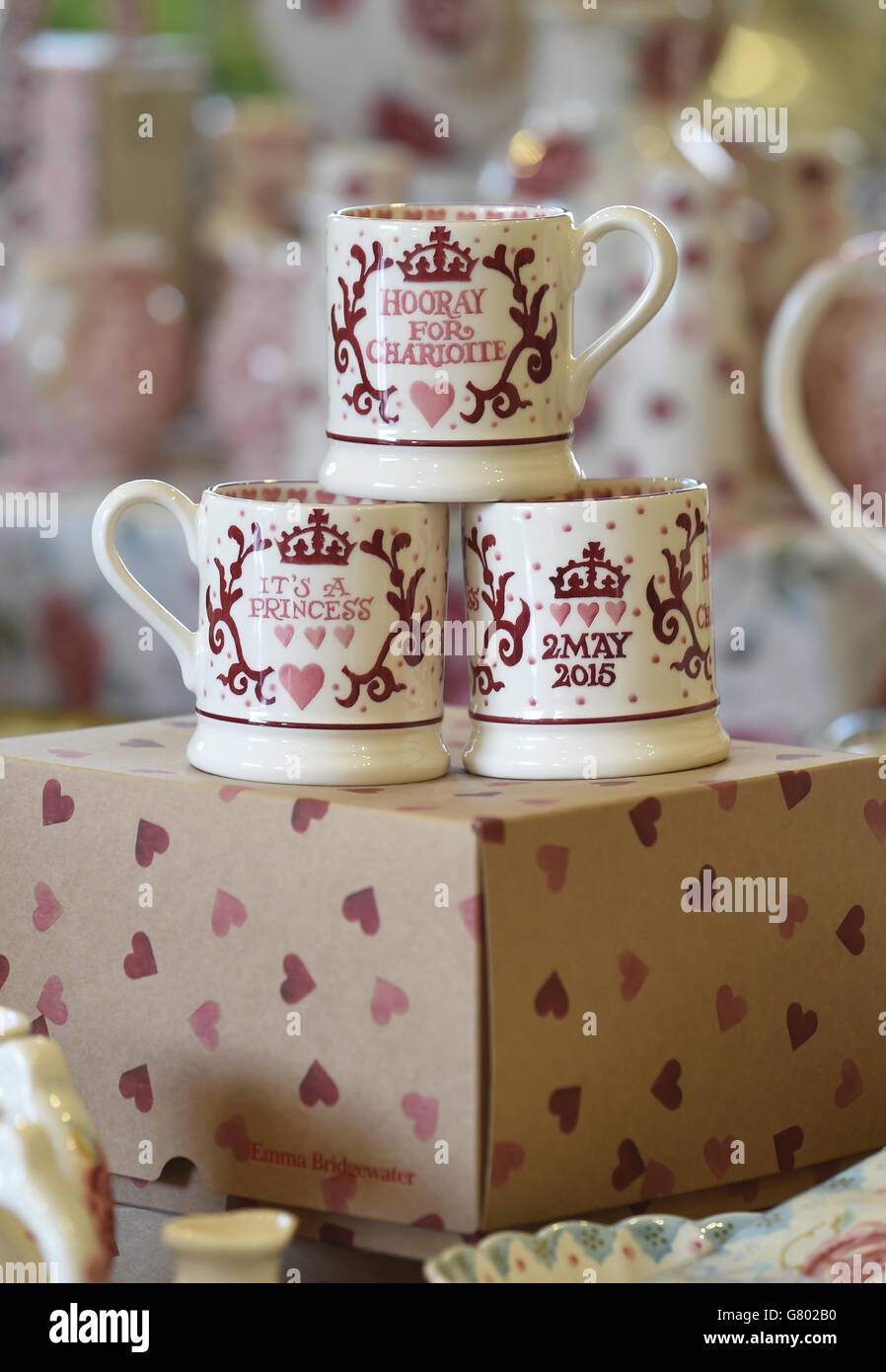 Commemorative Princess Charlotte mugs on display at the Emma