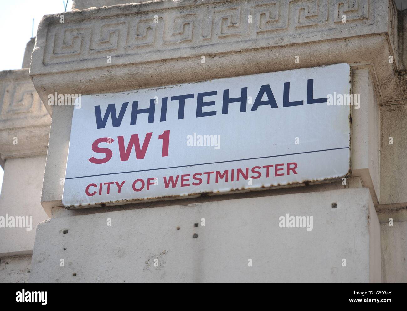 A general view of the sign of Whitehall in London as the Prince of Wales has defended his decision to write a series of letters to government ministers. Stock Photo