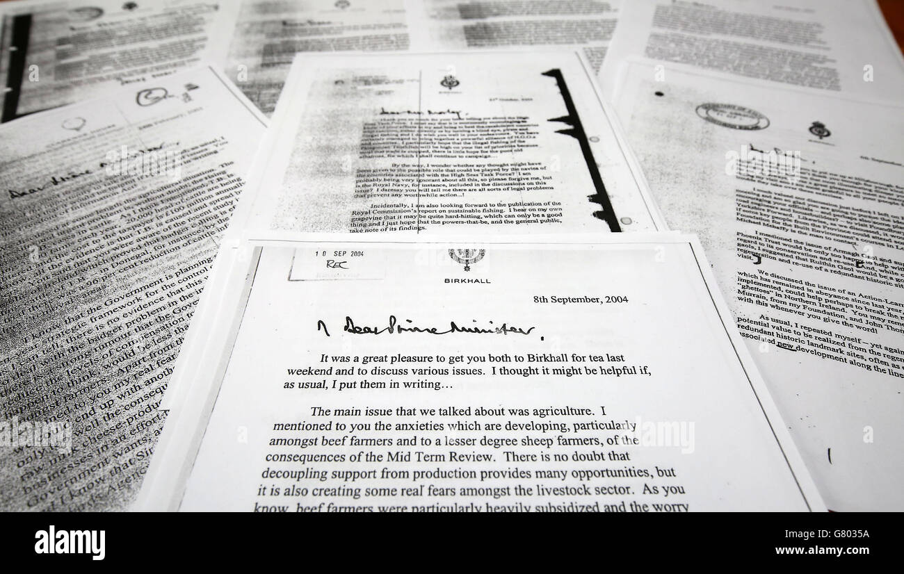 A copy of the letter that The Prince of Wales wrote to the then Prime Minister Tony Blair (front), one of a series of his private letters to government ministers that was published following a ruling by the UK's highest court. Stock Photo