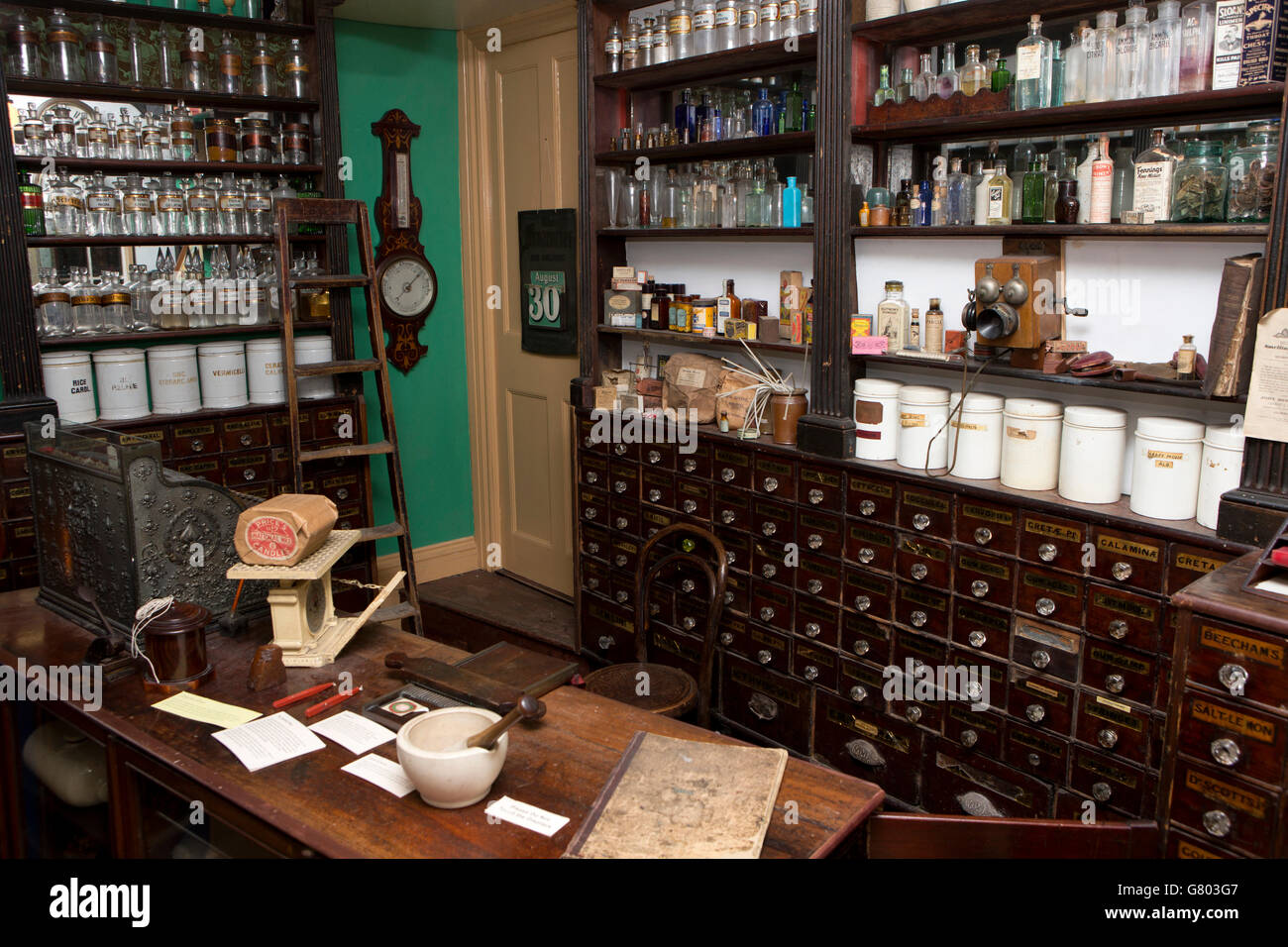 UK, Cumbria, Kendal, Museum of Lakeland Life, James Irvine's chemist’s shop interior Stock Photo
