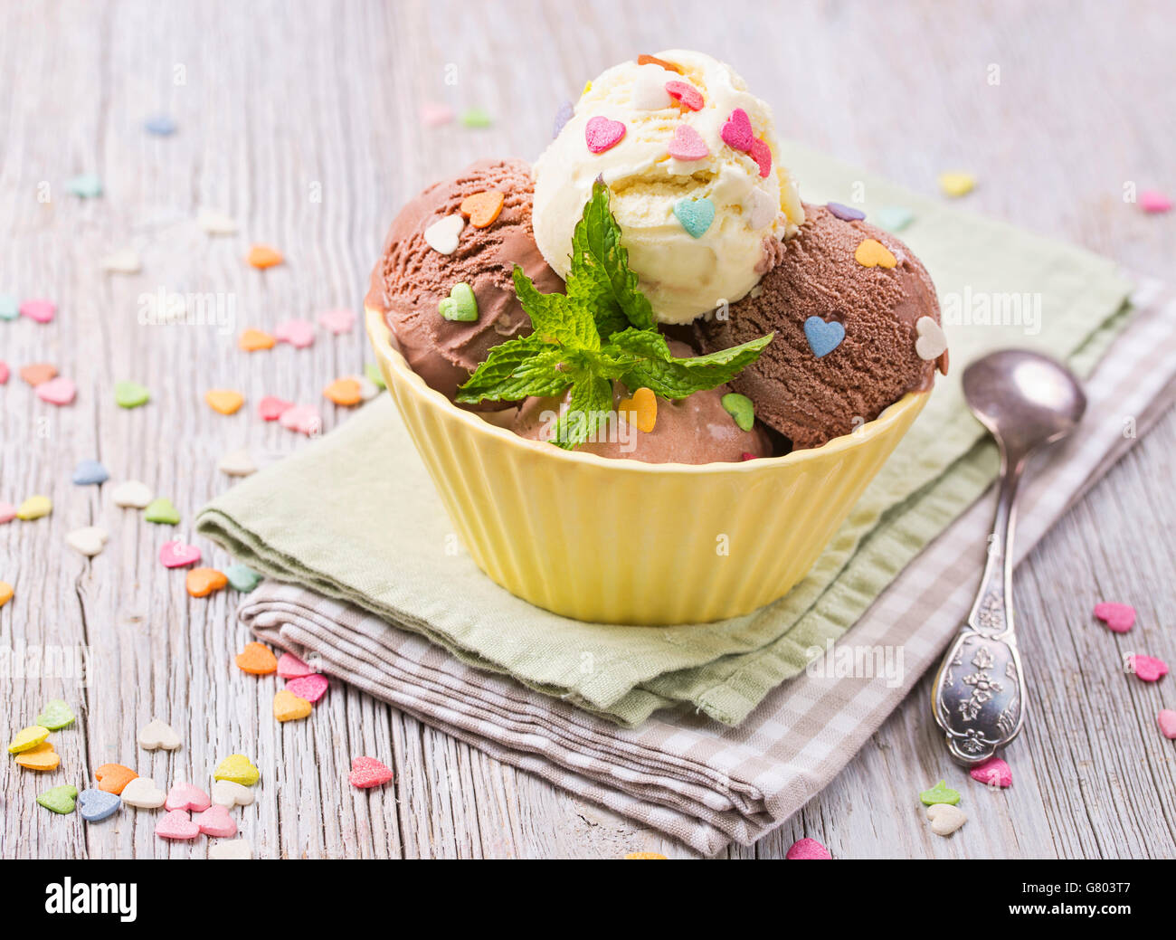 Chocolate and vanilla ice cream in a bowl Stock Photo