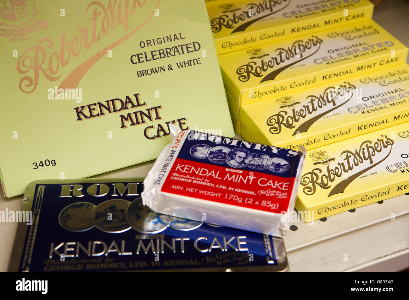 UK, Cumbria, Kendal, Robert Wipers and Romney’s Kendal Mint Cake Stock Photo