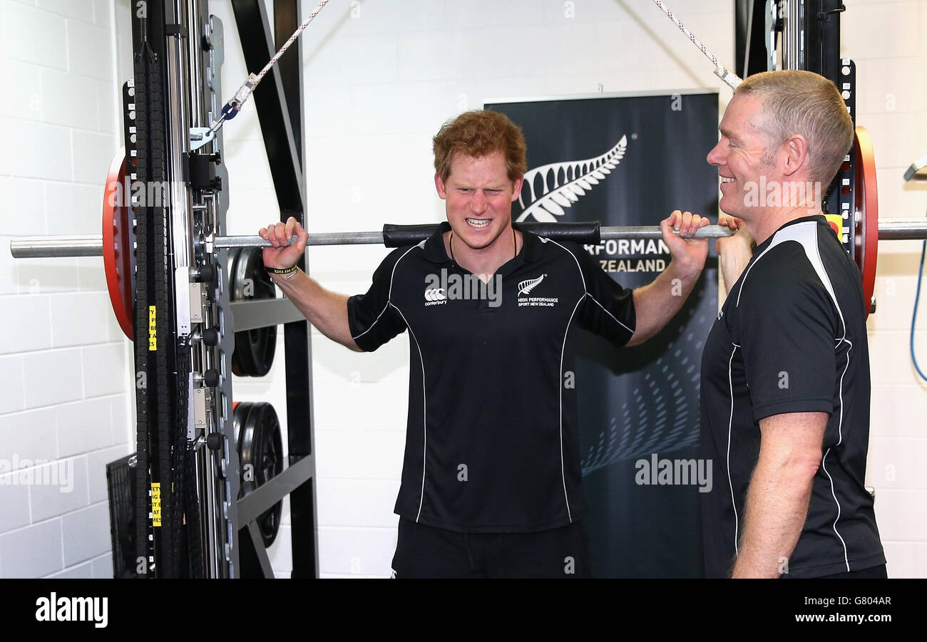 Prince Harry, lifts weights as he takes part in a training excercise at the AUT Millennium Institute of Sport and Health, in Auckland, on the eighth and final day of his visit to New Zealand. Stock Photo