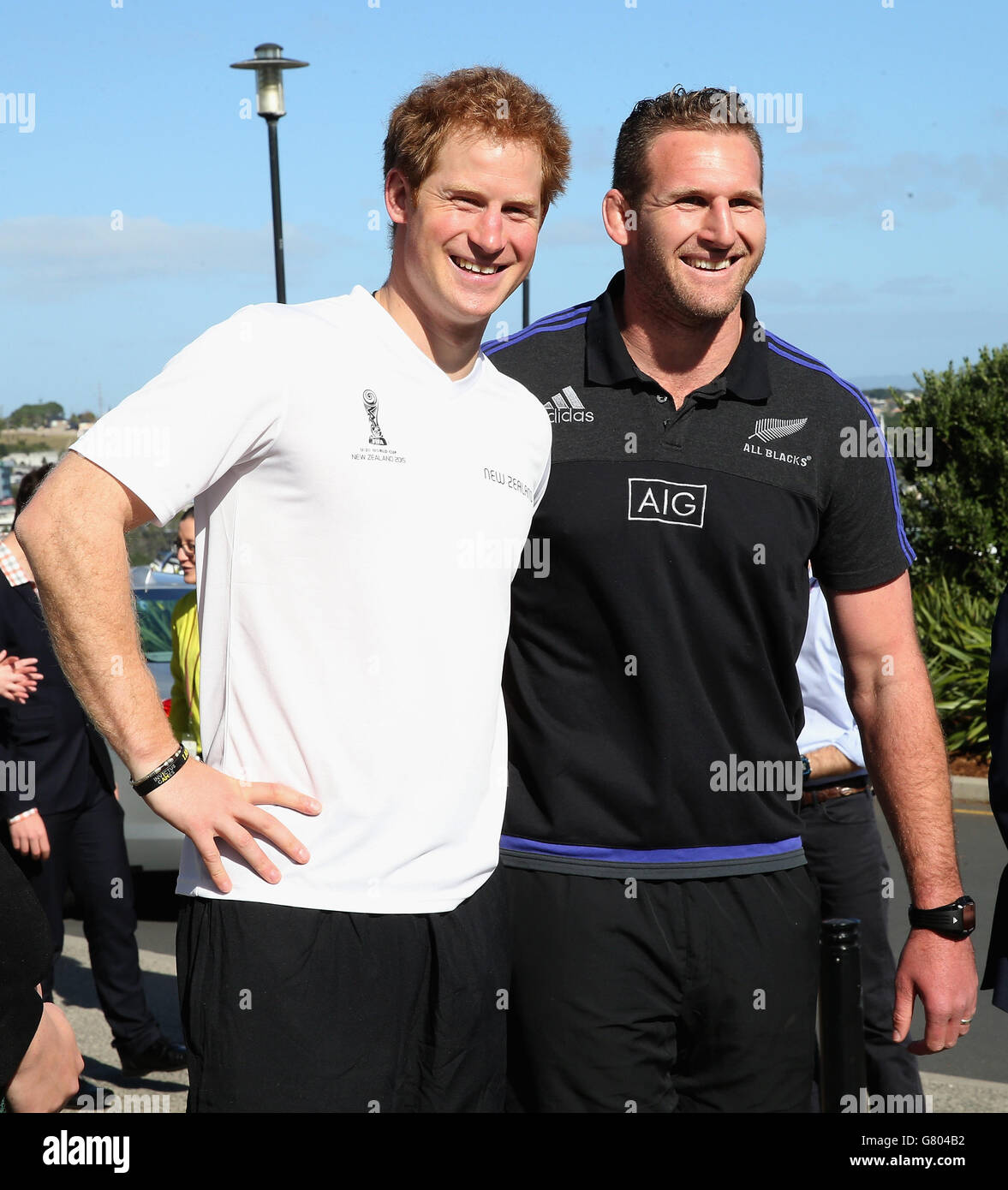 Prince Harry (left) with All Black Kieran Reid, at the AUT Millennium Institute of Sport and Health, in Auckland, on the eighth and final day of his visit to New Zealand. Stock Photo