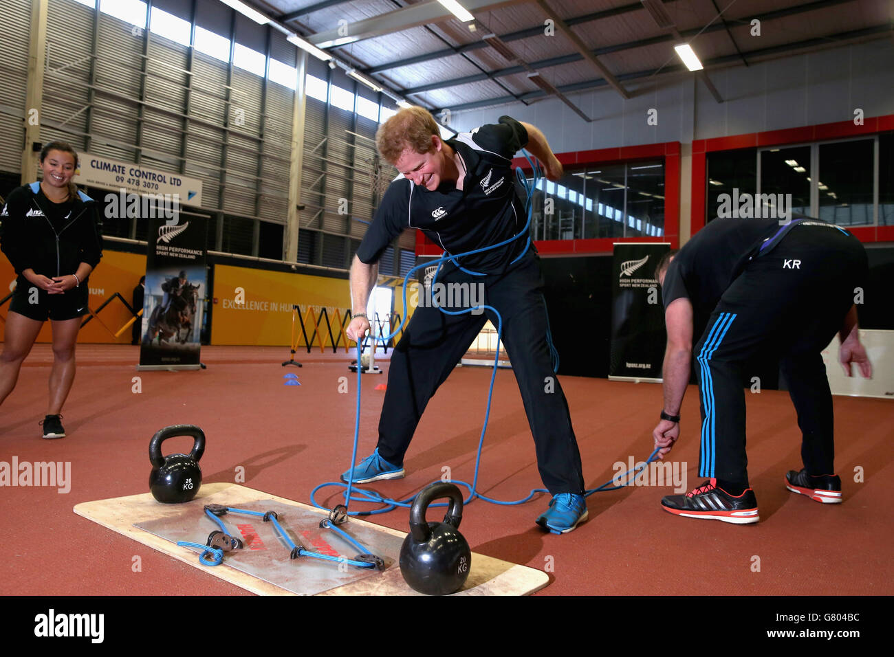 Prince Harry, along with All Black Kieran Reid (right) takes part in a training excercise at the AUT Millennium Institute of Sport and Health, in Auckland, on the eighth and final day of his visit to New Zealand. Stock Photo
