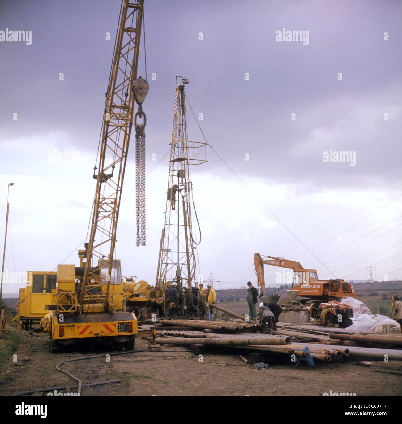 A drilling rig at work on what was intended to be an air shaft to the pit area in which the seven men were believed to be trapped. Stock Photo