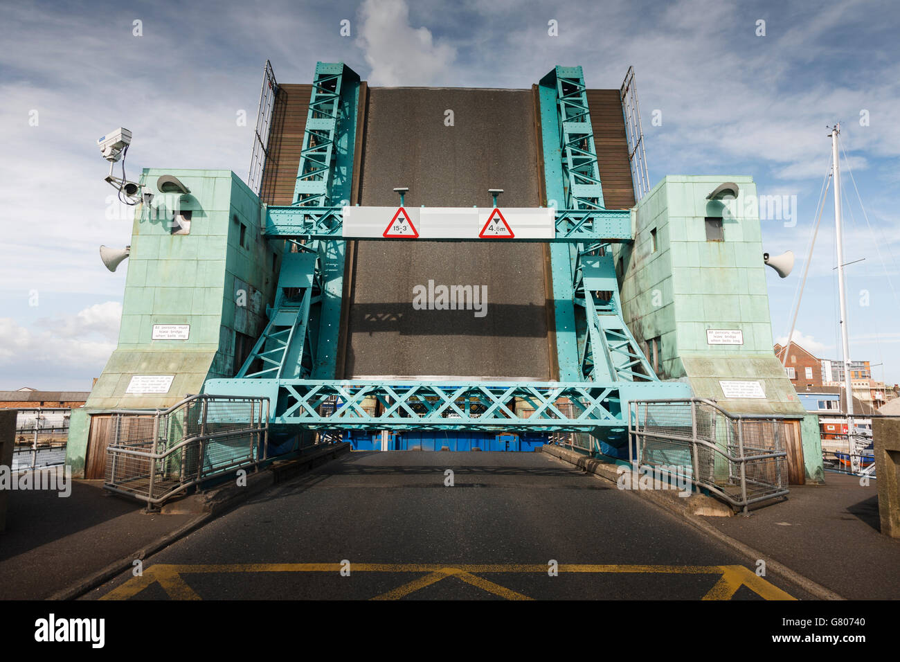 A350 road  Bascule  Bridge opens for water traffic, Poole,Dorset,South West England,United Kingdom Stock Photo