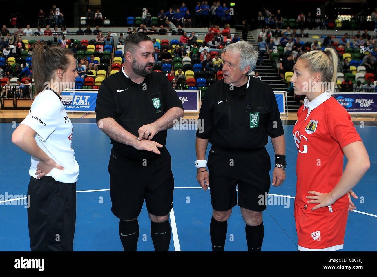 Soccer AM Futsal Cup - Finals - Copper Box Arena. The Derby County captain and the Bristol City captain with the officials for the coin toss prior to the Futsal Ladies Challenge Stock Photo