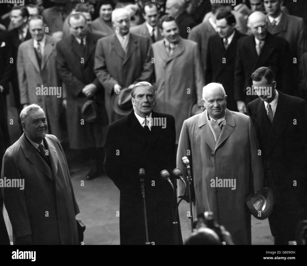 Prime Minister Sir Anthony Eden at Victoria Station in London to meet Marshal Nikolai Bulganin (left), chairman of the Council of Ministers of the USSR, and Nikita Krushchev, First Secretary of the Soviet Communist Party. Stock Photo