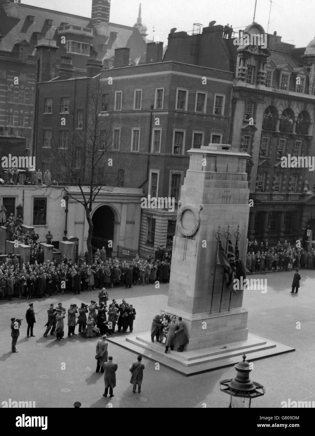 The Cenotaph in Whitehall, where Russian leaders Marshal Bulganin and Mr Krushchev laid a wreath. Stock Photo