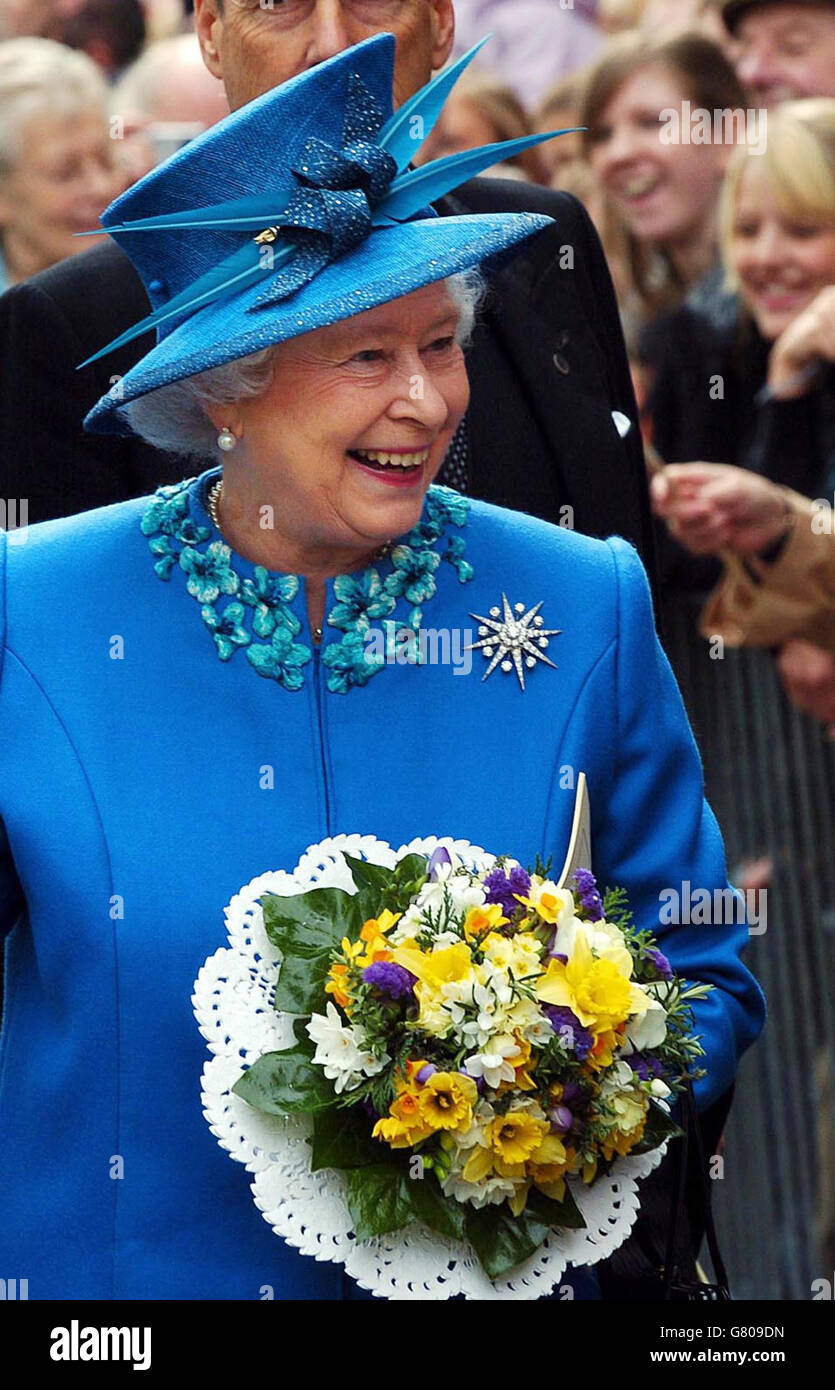 Britain's Queen Elizabeth II enjoys a walkabout in Wakefield city centre. Stock Photo