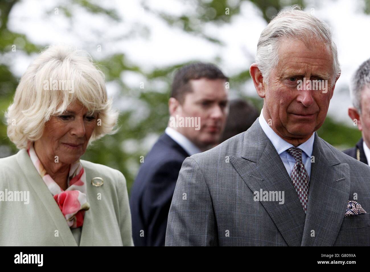 The Prince of Wales and the Duchess of Cornwall after a service of peace and reconciliation at St. Columba's Church in Drumcliffe on the second day of a four day visit to Ireland. Stock Photo