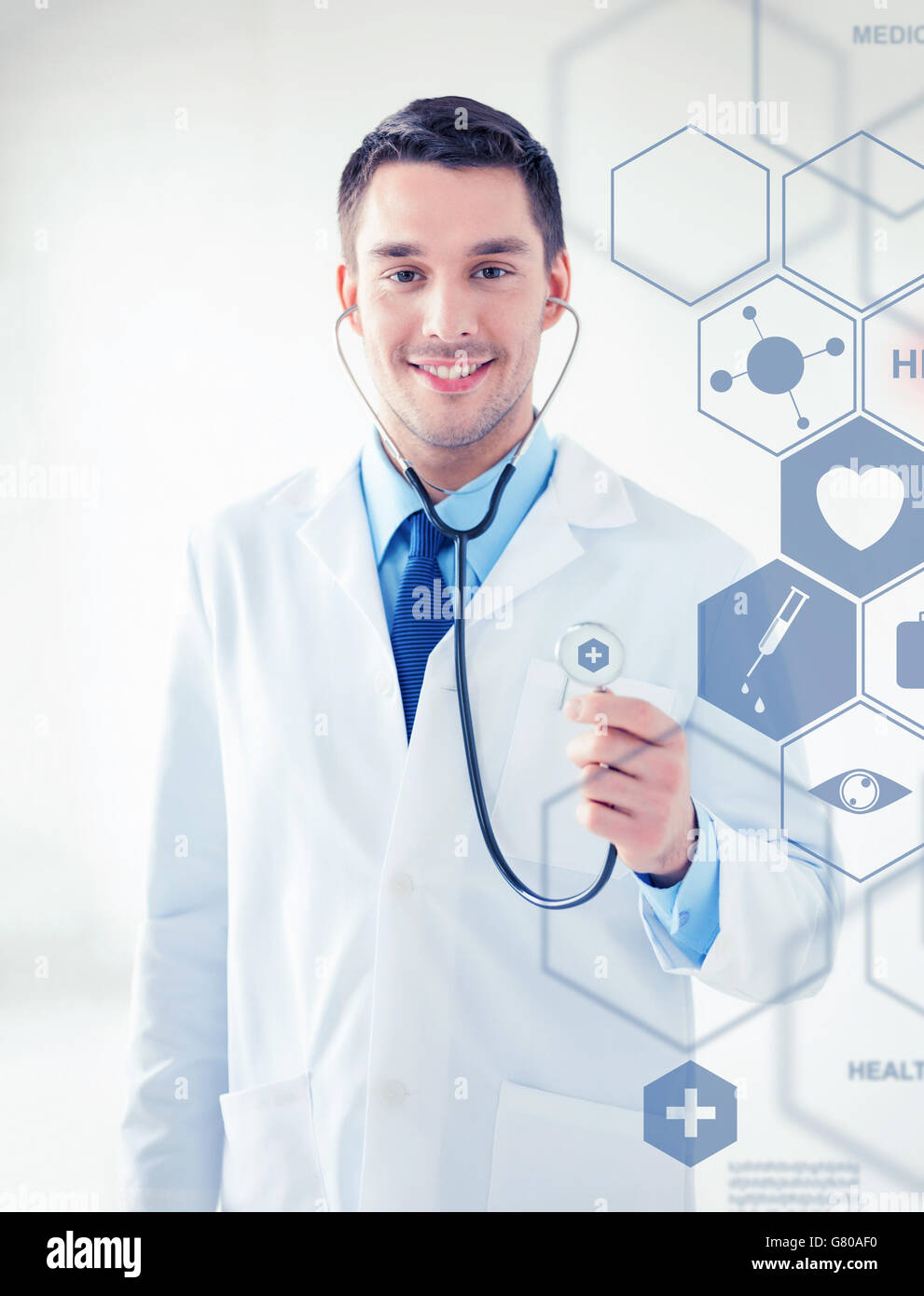 doctor with stethoscope and virtual screen Stock Photo Alamy
