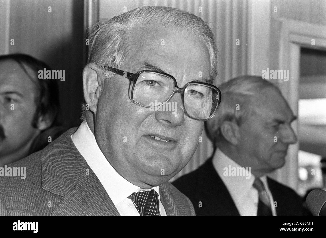 The Prime Minister, Mr James Callaghan at london's Heathrow airport when he returned from his 'Sunshine Summit' in the Caribbean to Britain's worsening industrial crisis. Stock Photo