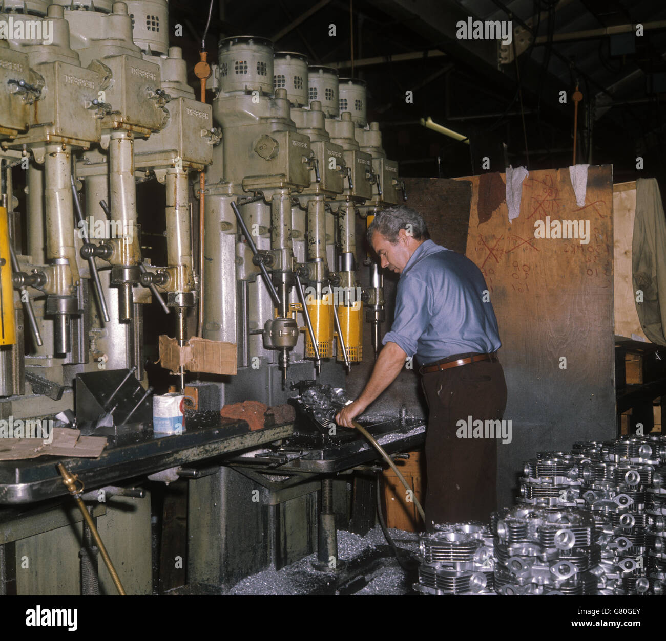 Noel Reid drilling cylinder heads at Norton Villiers Triumph Motorcycle factory in Meriden, West Midlands. Stock Photo