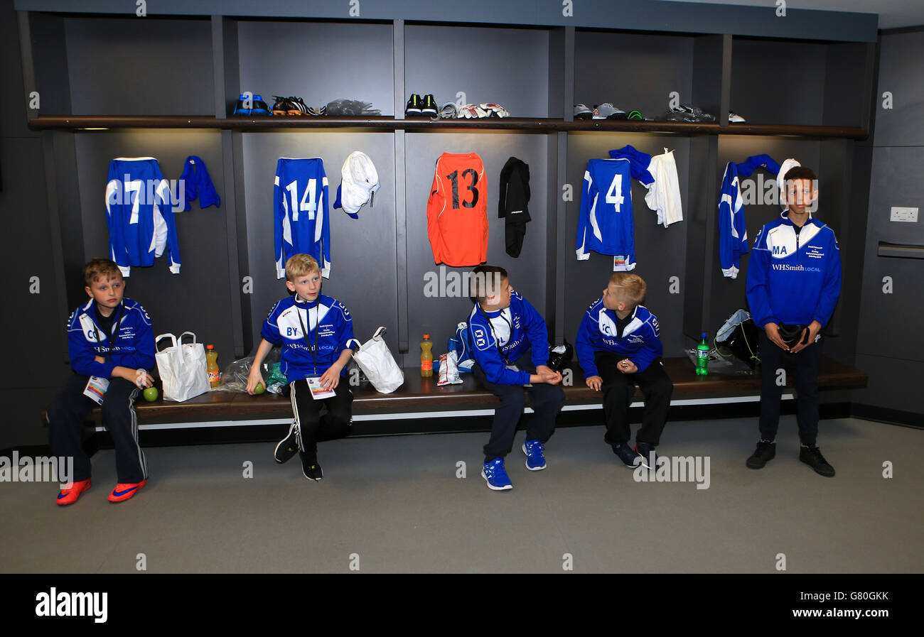 Oldham Athletic represented by South Failsworth Primary school in the dressing room prior to the Kinder+Sport Football League Kids Cup Final Stock Photo