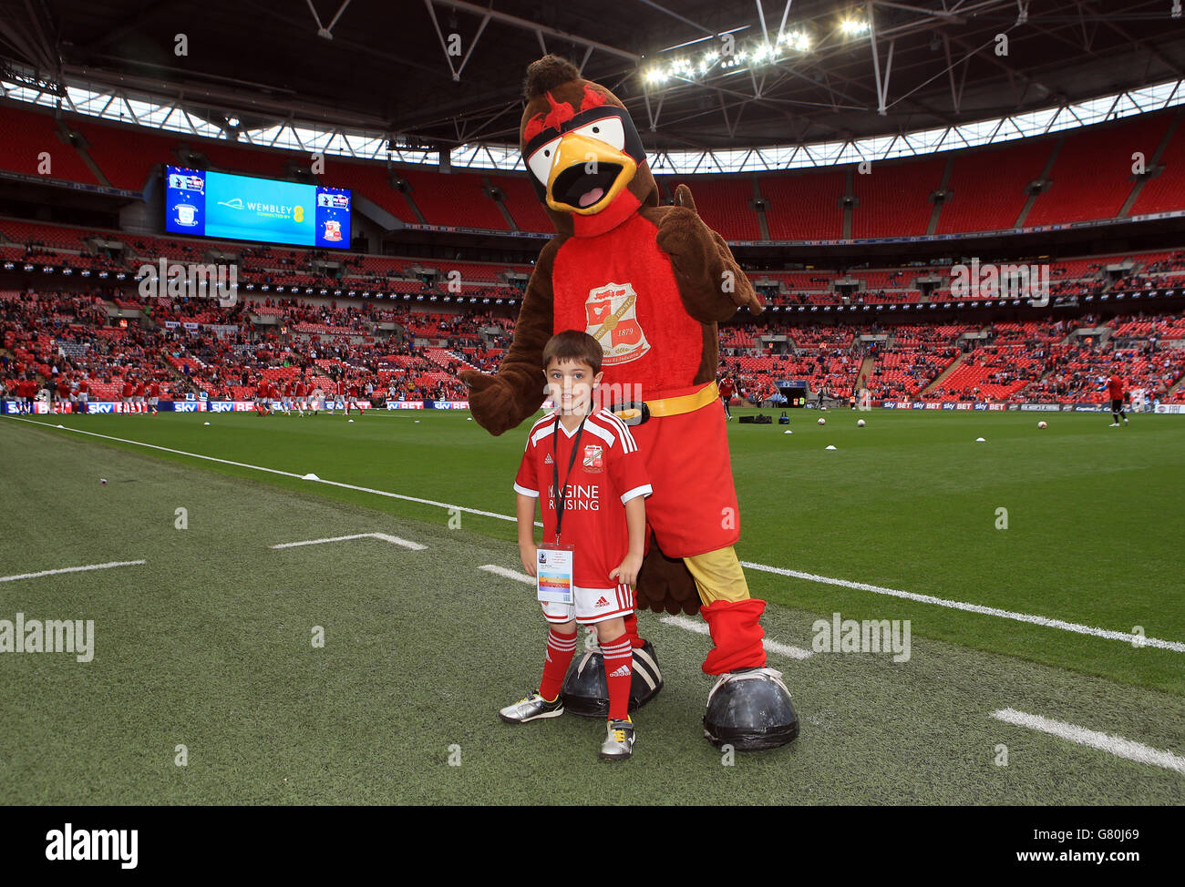 Swindon Town match day mascot Joe Sharps with club mascot Rockin' Robin Stock Photo