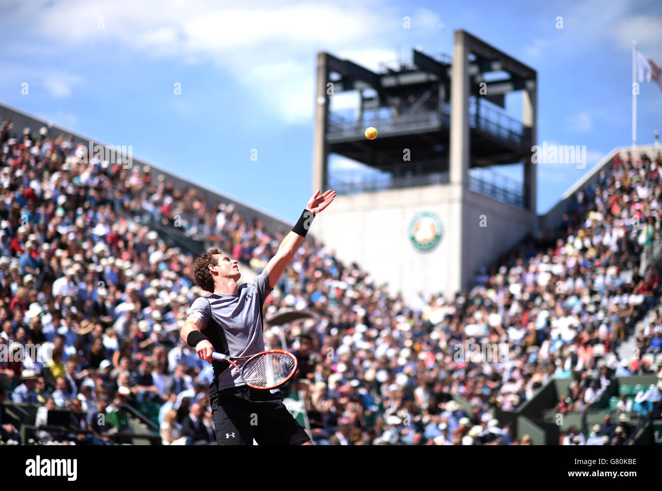 Andy Murray during his Fourth round men's singles match against Jeremy Chardy on day nine of the French Open at Roland Garros on June 1st, 2015 in Paris, France Stock Photo