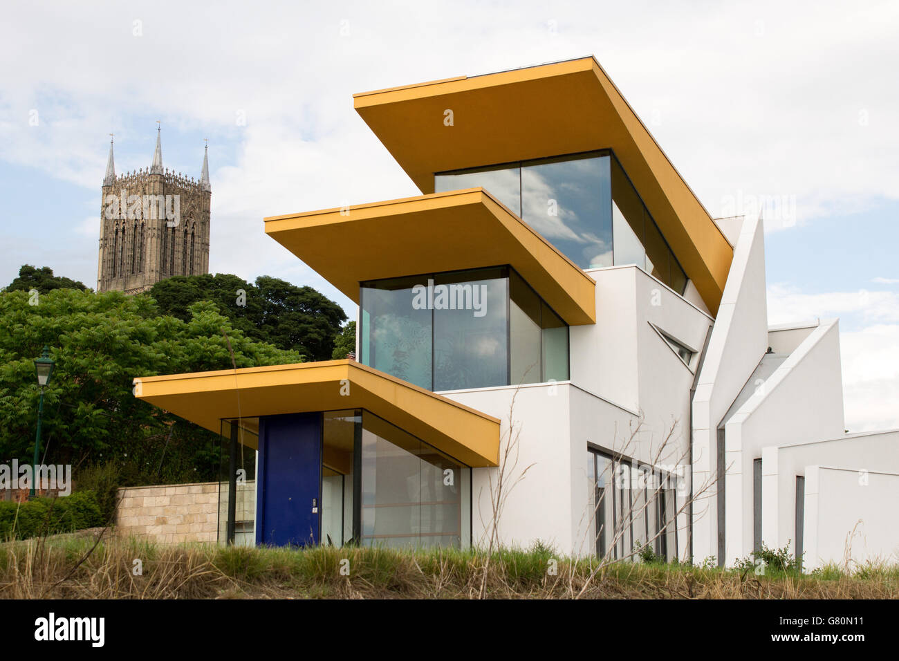 A modern house with striking architecture situated on Michaelgate next to Steep Hill in the upper area of Lincoln. Stock Photo