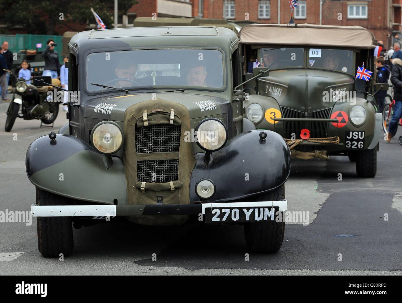 World War II reenactors during a military parade through Dunkirk, France, during the 75th anniversary commemorations of Operation Dynamo. Stock Photo