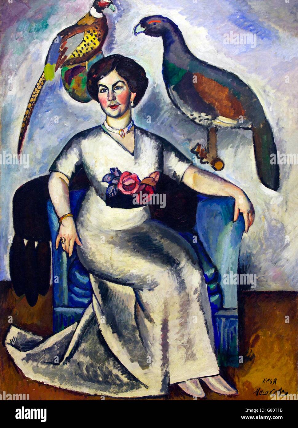 Portrait of a Lady with Pheasants, by Ilya Mashkov, 1911, State Russian Museum, Saint Petersburg, Russia Stock Photo
