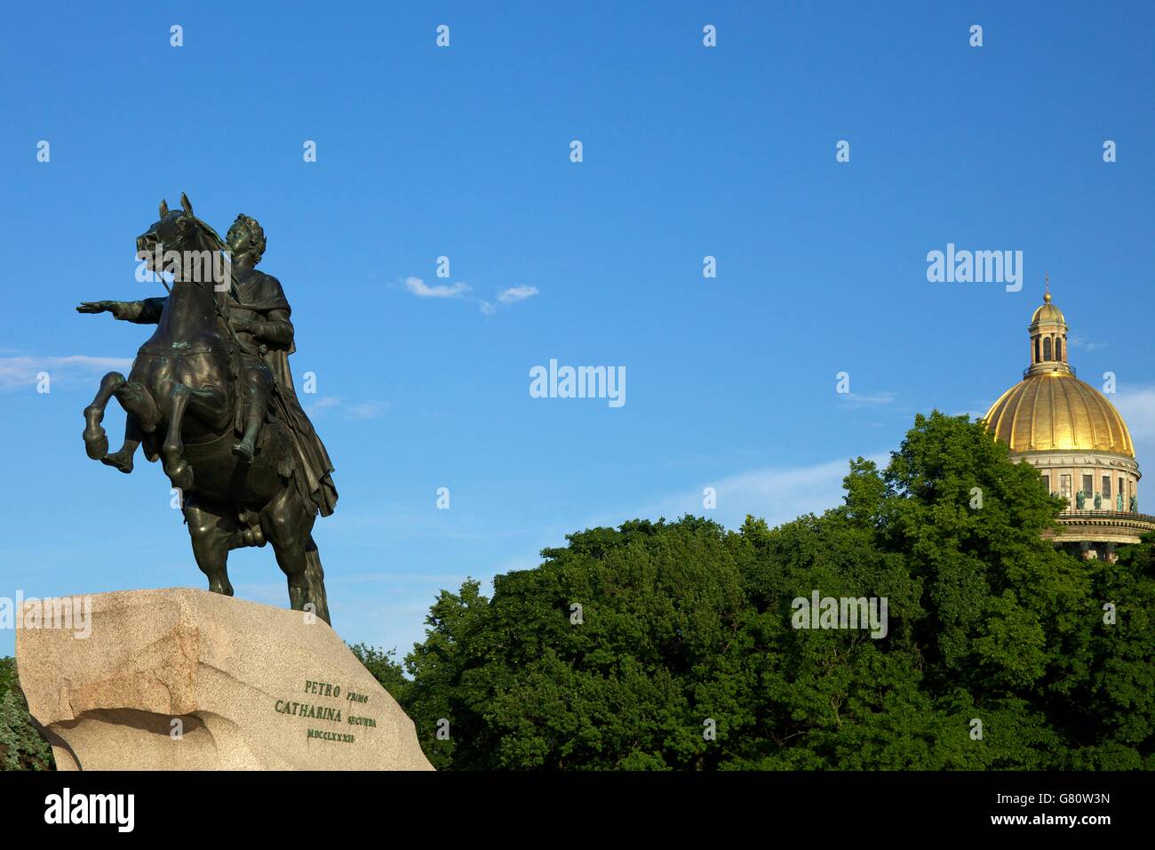 Statue of Peter the Great and dome of St Isaac's Cathedral, Bronze Horseman, St Petersburg, Russia Stock Photo