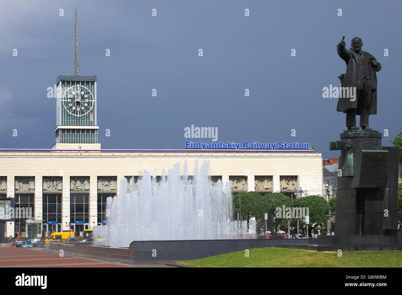 Finlyandskiy or Finland Railway Station with statue of Vladimir Lenin, St Petersburg, Russia Stock Photo