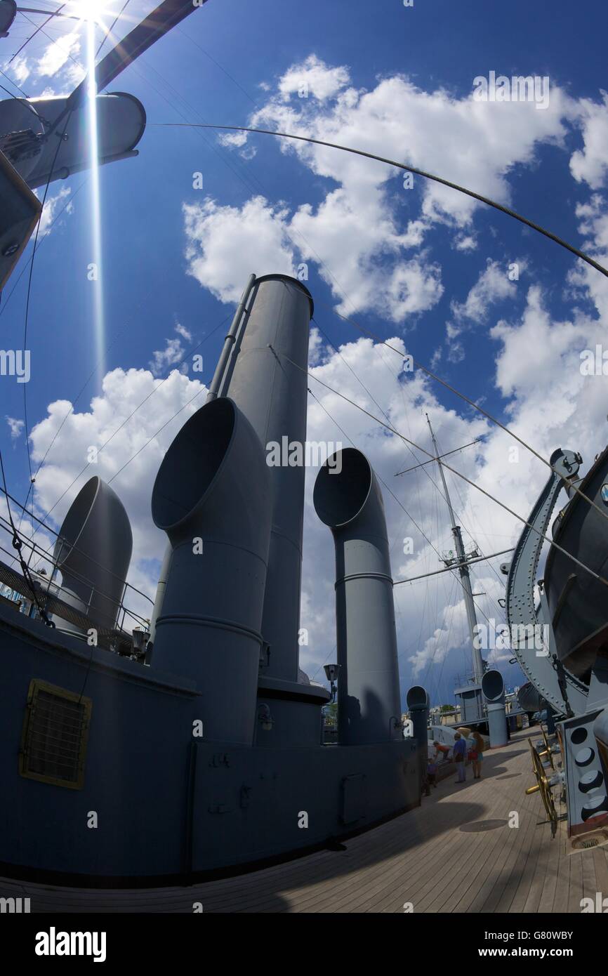 Visitors on-board the Aurora Cruiser on River Neva, Naval Academy, St ...