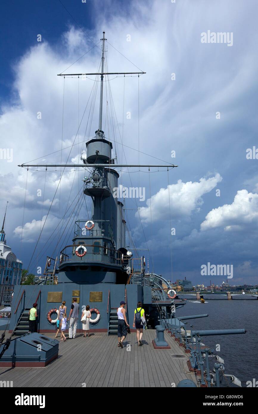 Visitors on-board the Aurora Cruiser on River Neva, Naval Academy, St ...