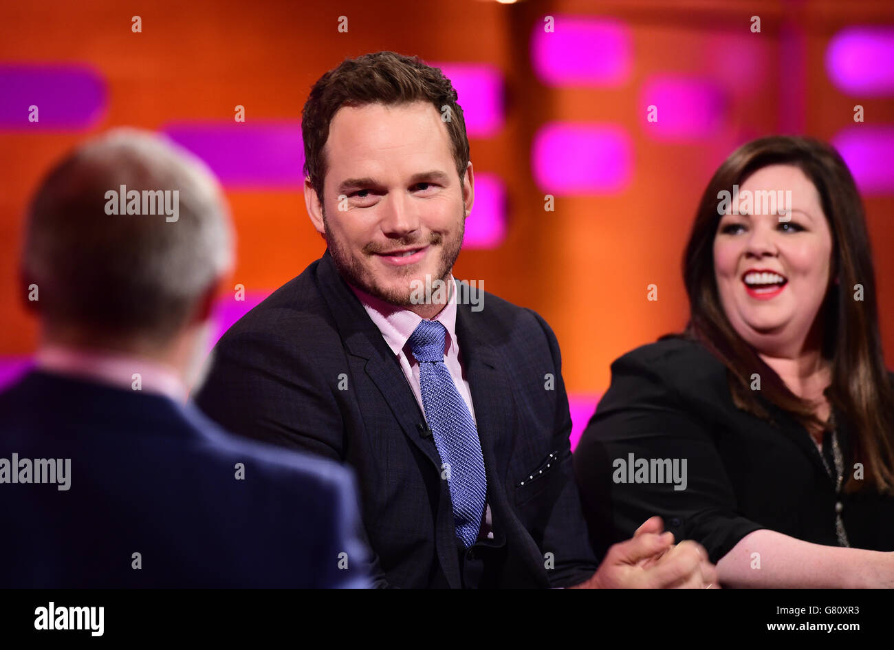 Left - right) Host Graham Norton, Chris Pratt and Melissa McCarthy during  filming of the Graham Norton Show at the London Studios, south London, to  be aired on Friday. PRESS ASSOCIATION Photo.