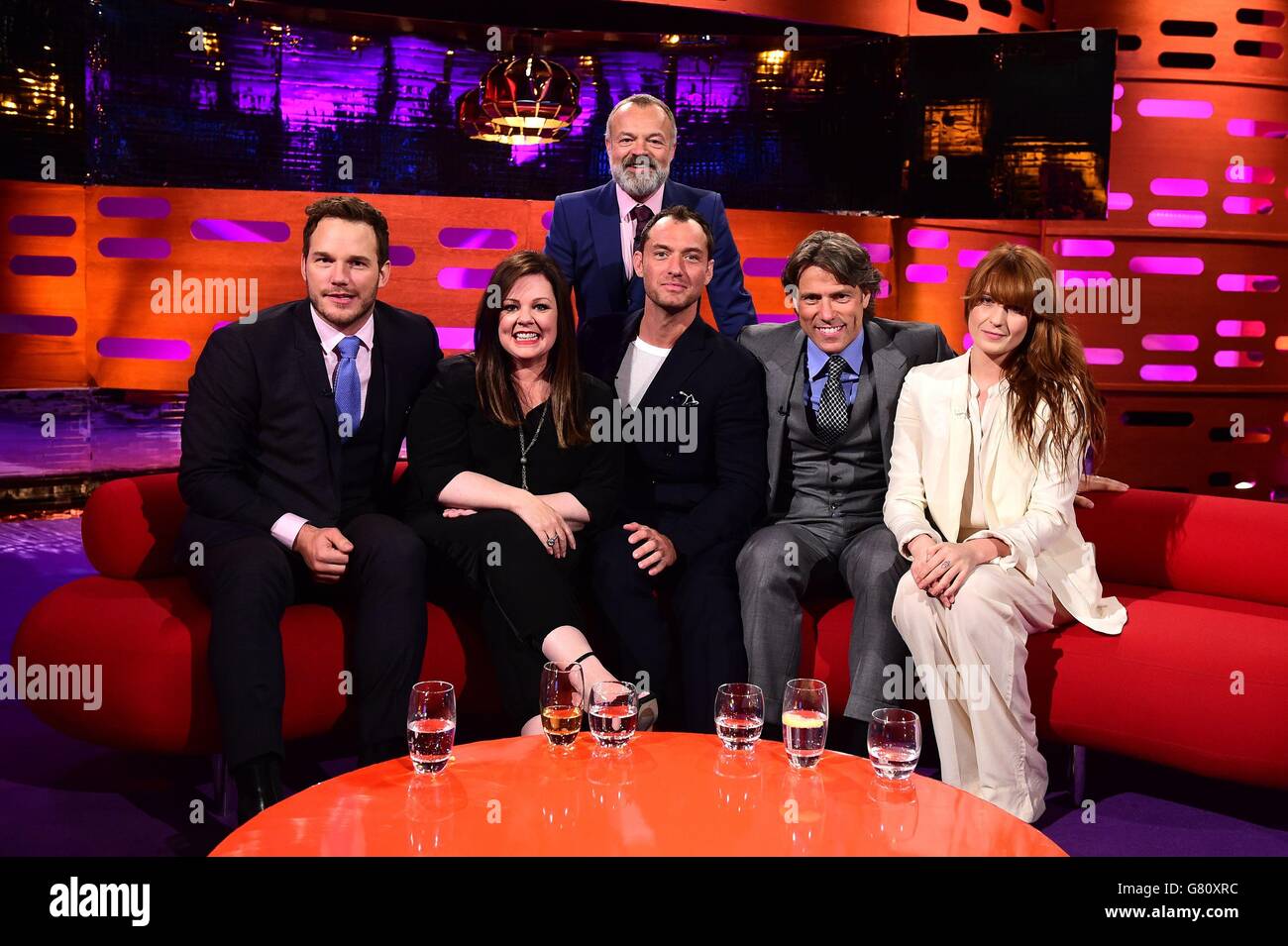 Left - right) Chris Pratt, Melissa McCarthy, Graham Norton, Jude Law, John  Bishop and Florence Welch during filming of the Graham Norton Show at the  London Studios, south London, to be aired