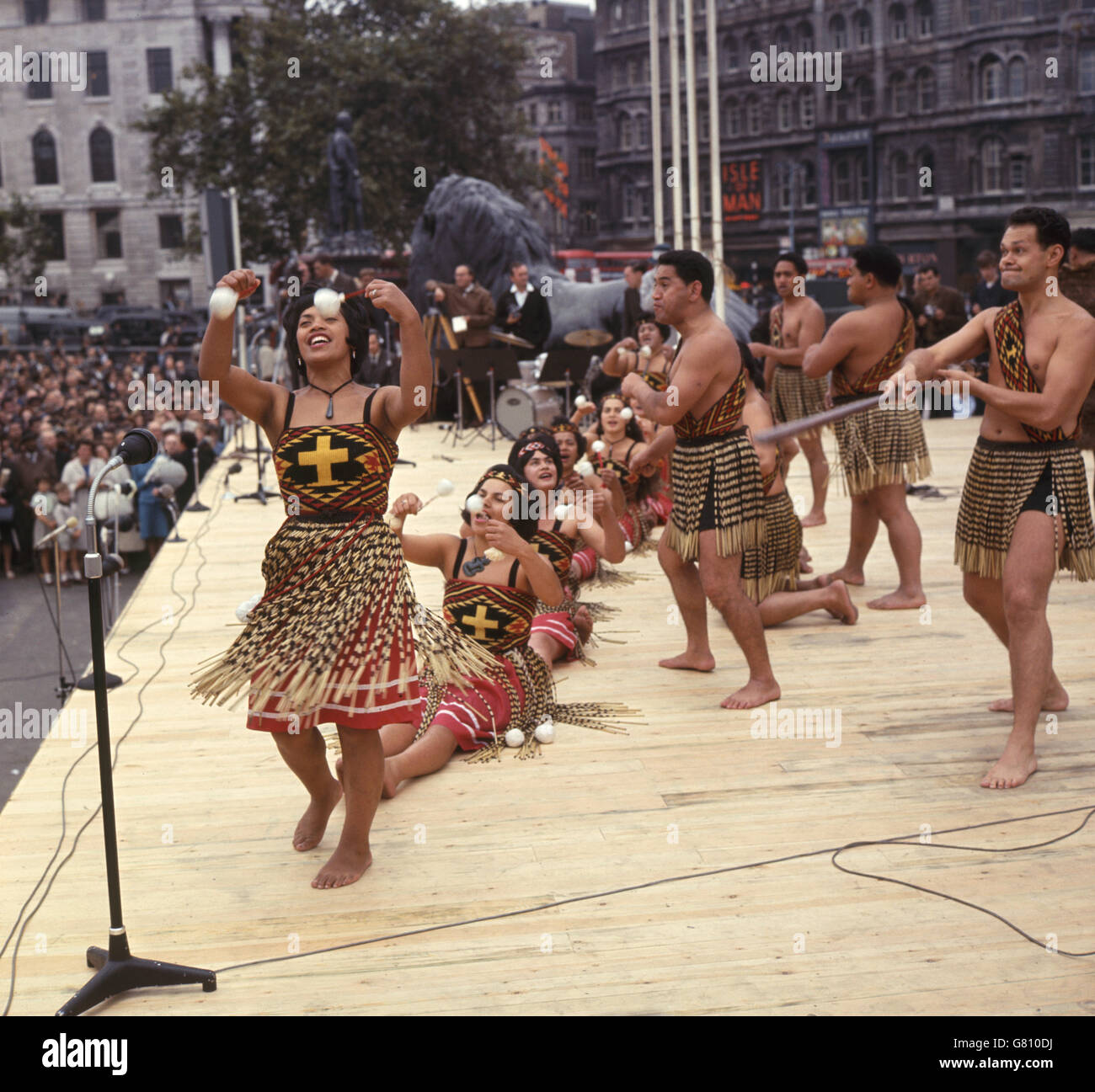Maori dancers perform the canoe dance in Trafalgar Square during the