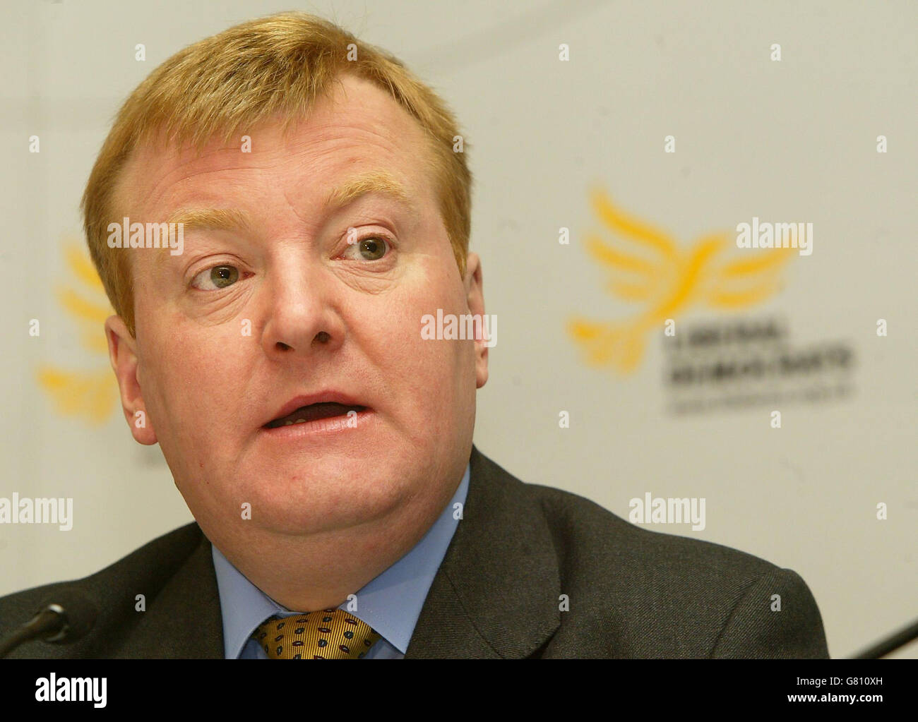 Liberal Democrat leader Charles Kennedy at a news conference where he met Stephen Wilkinson who until Monday was Labour's candidate for Ribble Valley and a Labour member of Lancashire County Council and who has defected to the Liberal Democrats. Mr Wilkinson has said that he had become disillusioned with Tony Blair's 'increasingly authoritarian' party. Stock Photo