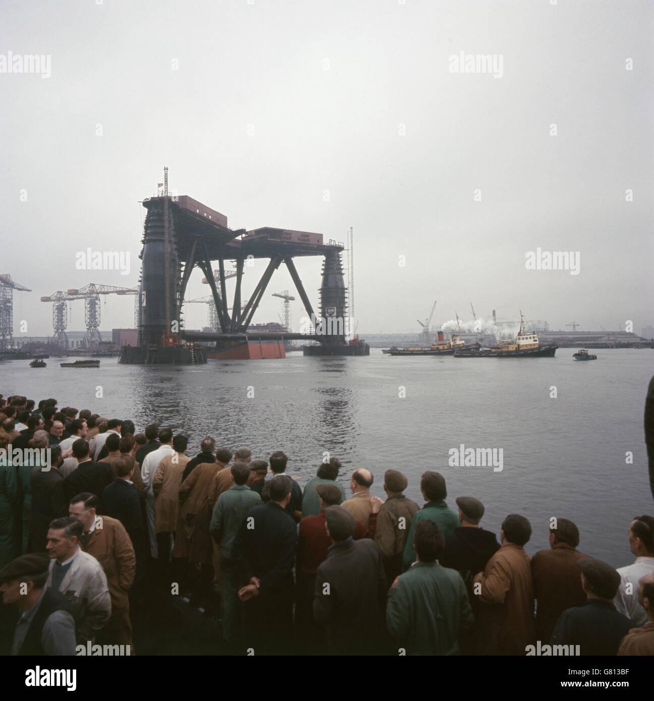 Sea Quest, British Petroleum's 9,500 ton drilling rig, after being launched at Harland and Wolff's Belfast shipyard. She is to replace the ill-fated Sea Gem in North Sea gas and oil exploration. Stock Photo