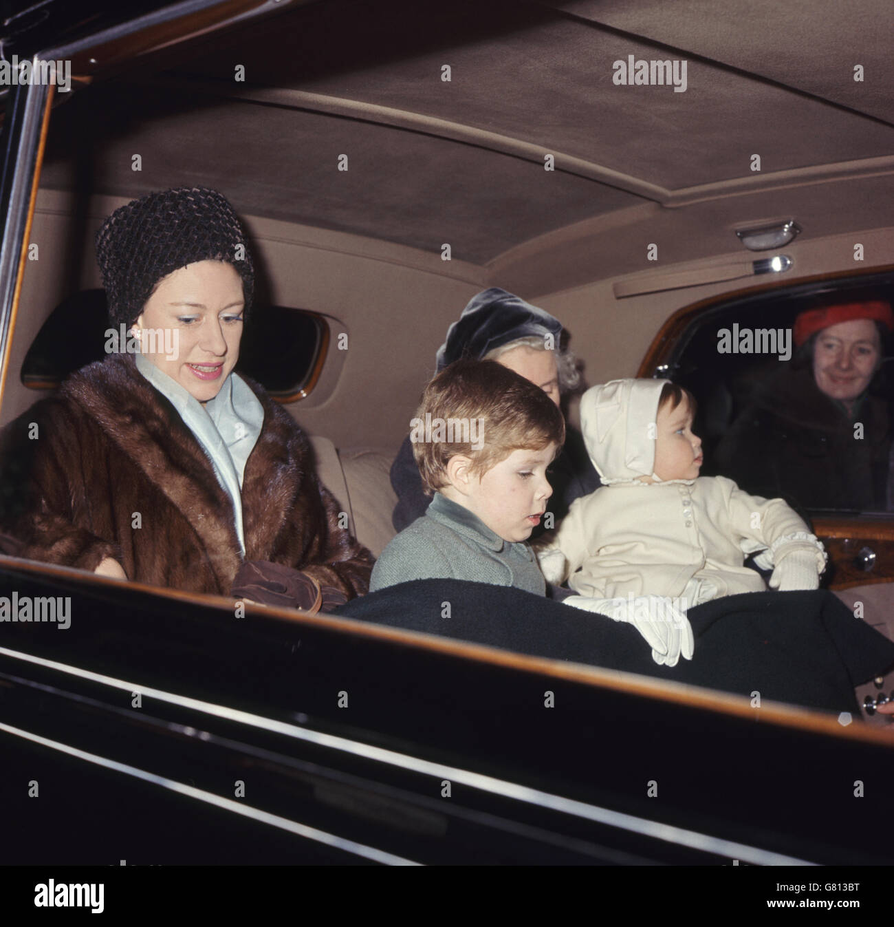 Princess Margaret and her children, Viscount Linley and Lady Sarah Armstrong-Jones, drive from Liverpool Street Station on return to London from Sandringham. Stock Photo