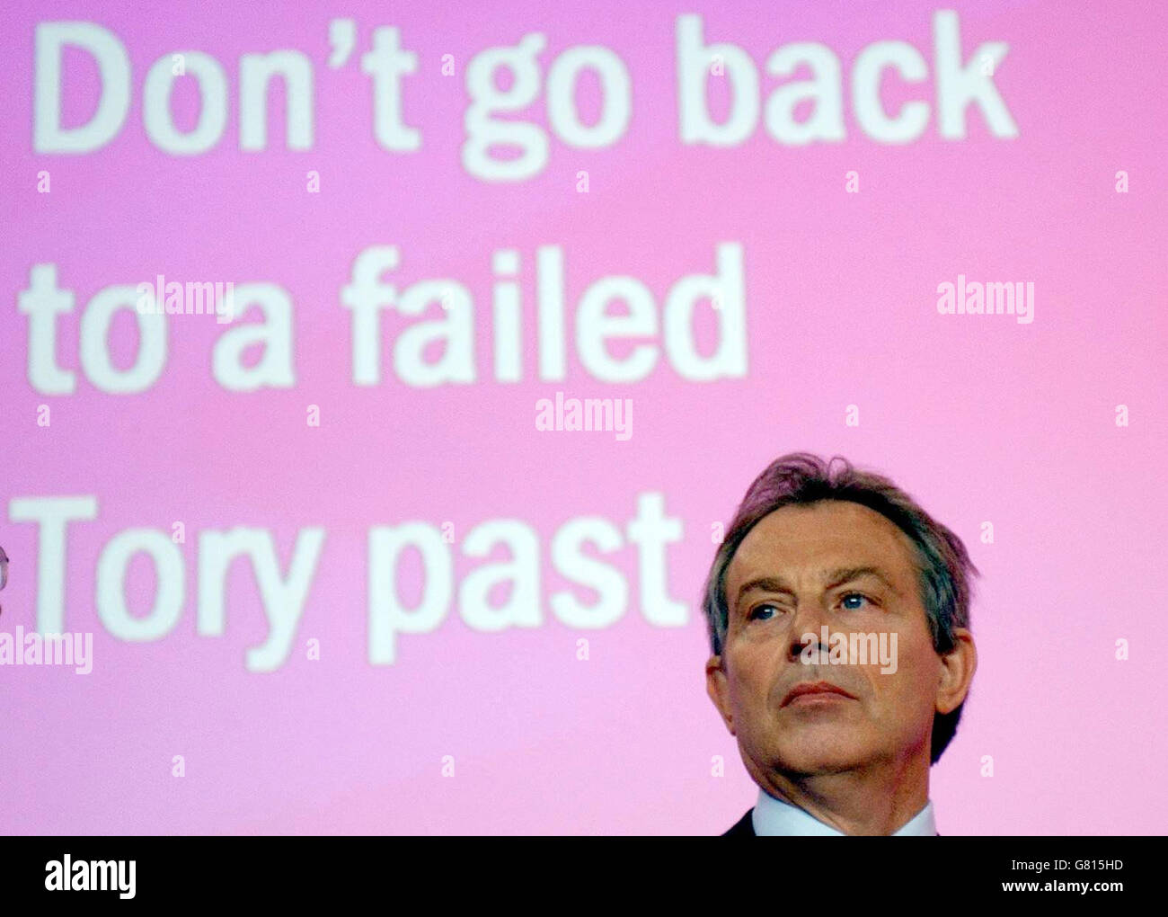 Tony Blair at a press conference. Chancellor Gordon Brown accused the Conservatives of having a multi-billion pound black hole at the heart of their spending plan. At a Labour press conference, Mr Brown said the Tories' threadbare manifesto promises were endangering economic stability and would force Britain back towards the stop-go of the past. Stock Photo
