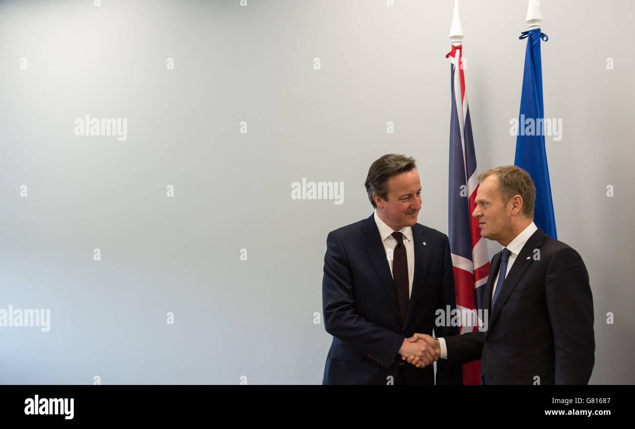 Prime Minister David Cameron holds a bilateral meeting with President of the European Council, Donald Tusk during the Eastern Partnership Summit in Riga, Latvia today. Stock Photo