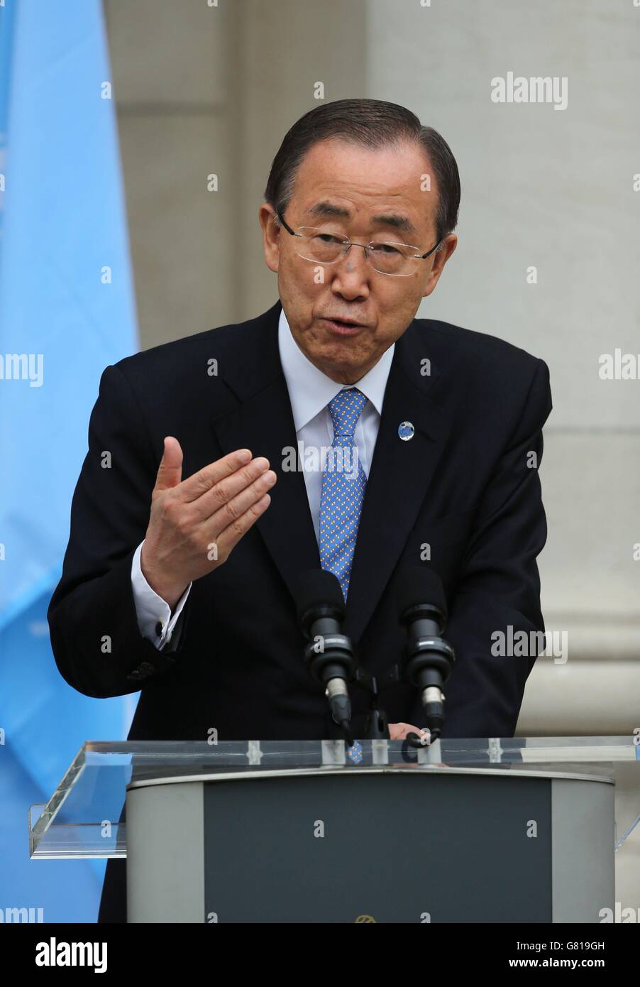 UN secretary general Ban Ki-moon speaks to the media at Government Buildings in Dublin. Stock Photo
