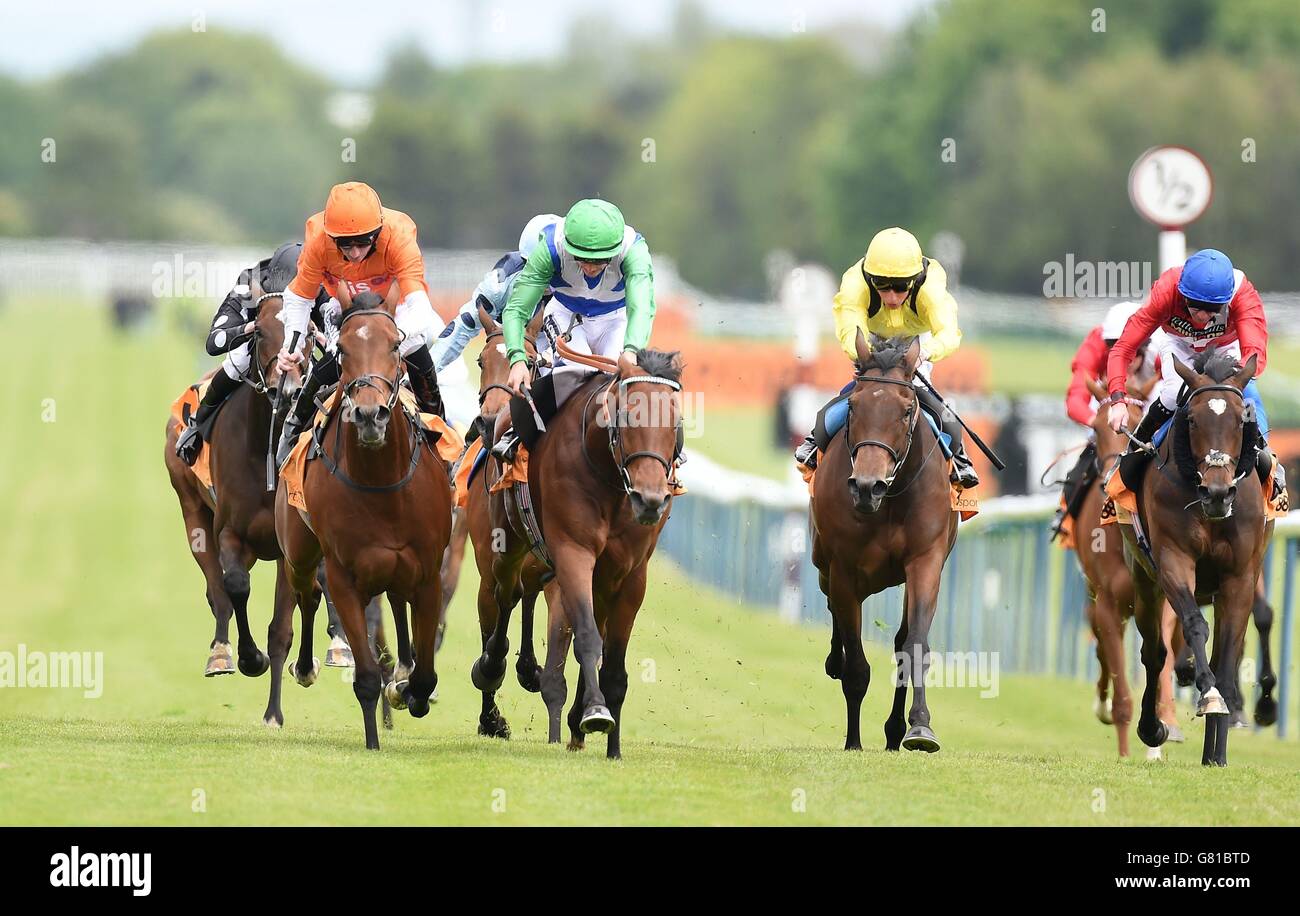 Miss Marjurie (left) ridden by Paul Hanagan wins the 888sport Pinnacle Stakes at Haydock Park Racecourse, Newton-le-Willows. Stock Photo