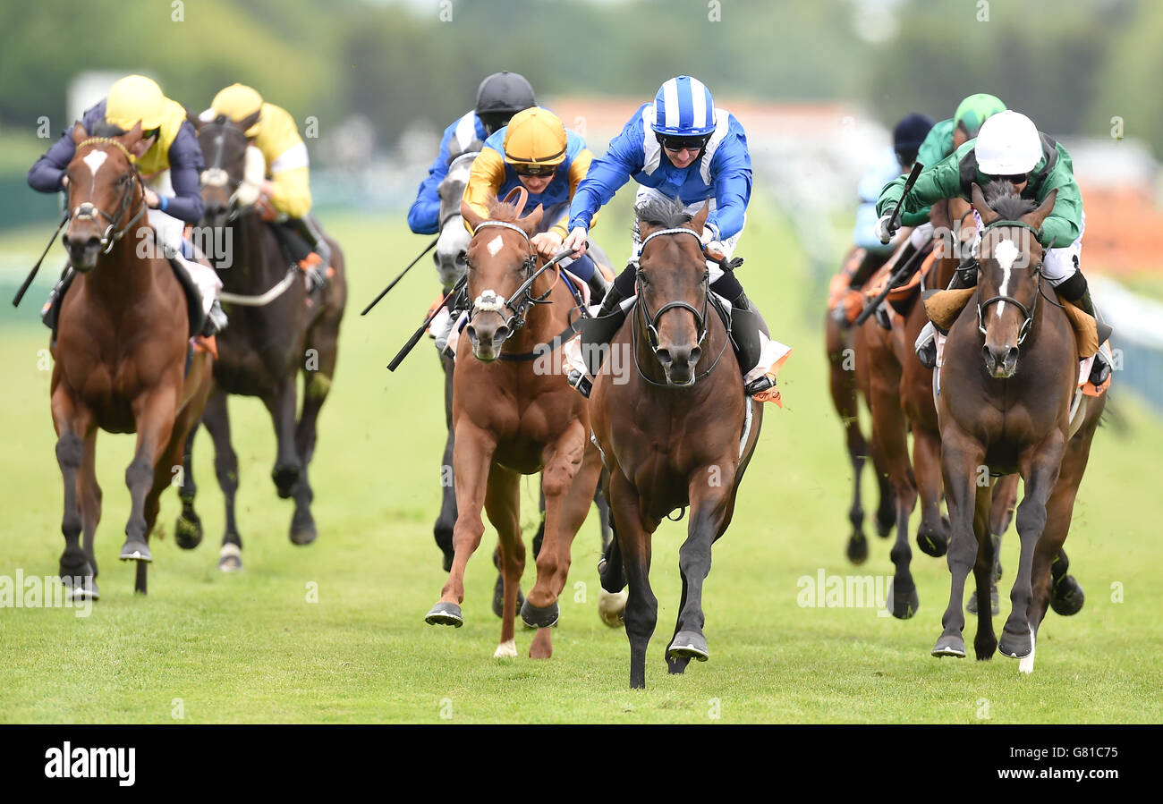 Horse Racing - Timeform Jury/Sandy Lane Stakes Day - Haydock Park. Adaay (centre) ridden by Paul Hanagan wins the 888sport Sandy Lane Stakes at Haydock Park Racecourse, Newton-le-Willows. Stock Photo
