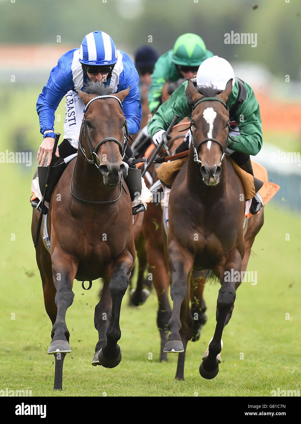 Horse Racing - Timeform Jury/Sandy Lane Stakes Day - Haydock Park. Adaay (left) ridden by Paul Hanagan wins the 888sport Sandy Lane Stakes at Haydock Park Racecourse, Newton-le-Willows. Stock Photo