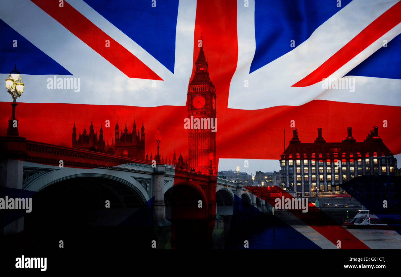 British union jack flag and Big Ben Clock Tower and Parliament house at city of westminster in the background - UK votes to leav Stock Photo