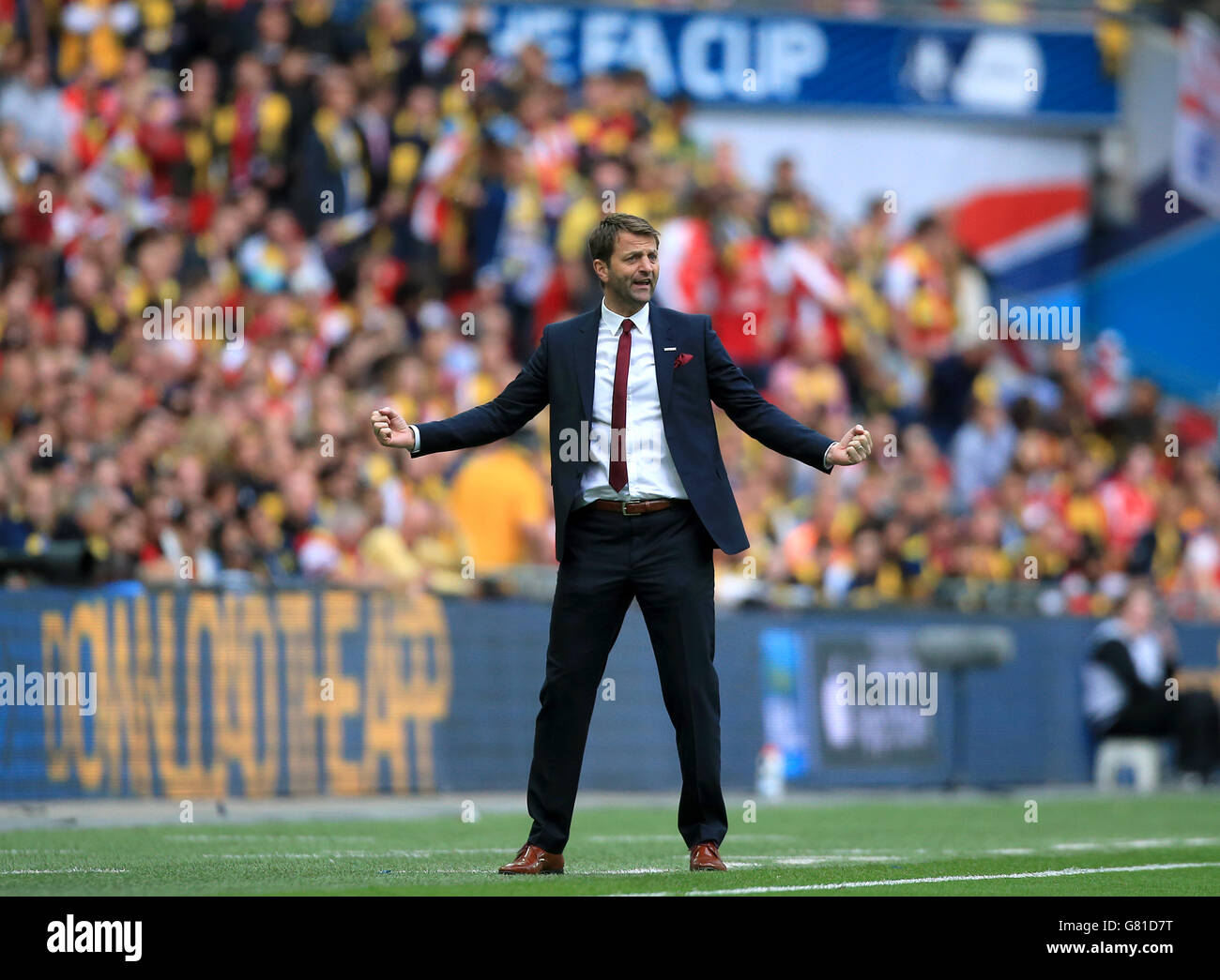 Aston Villa manager Tim Sherwood gestures on the touchline during the FA Cup Final at Wembley Stadium, London. PRESS ASSOCIATION Photo. Picture date: Saturday May 30, 2015. See PA Story SOCCER FA Cup. Photo credit should read: Nick Potts/PA Wire. RESTRICTIONS: Maximum 45 images during a match. No video emulation or promotion as 'live'. No use in games, competitions, merchandise, betting or single club/player services. No use with unofficial audio, video, data, fixture Stock Photo