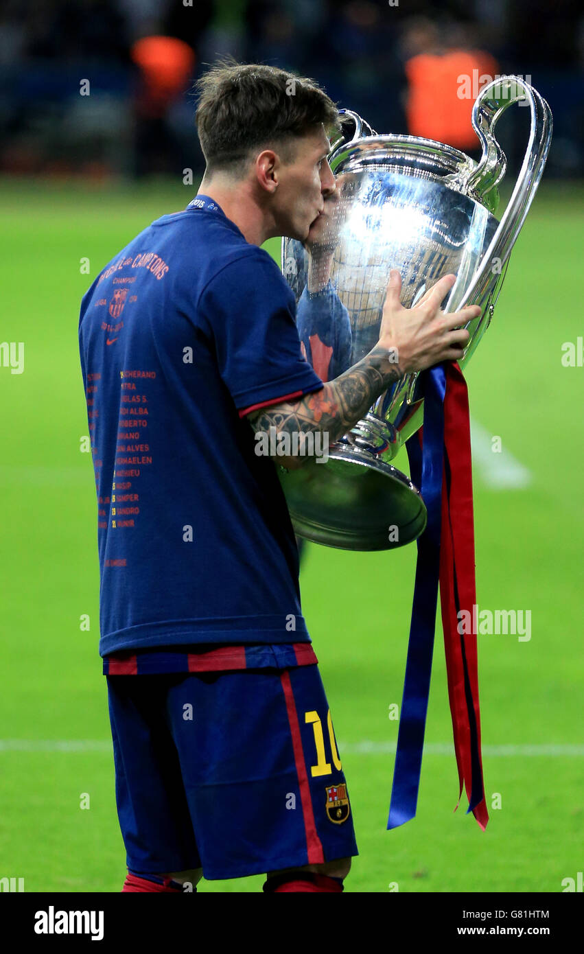 Barcelonas lionel messi celebrates winning the uefa champions league hi