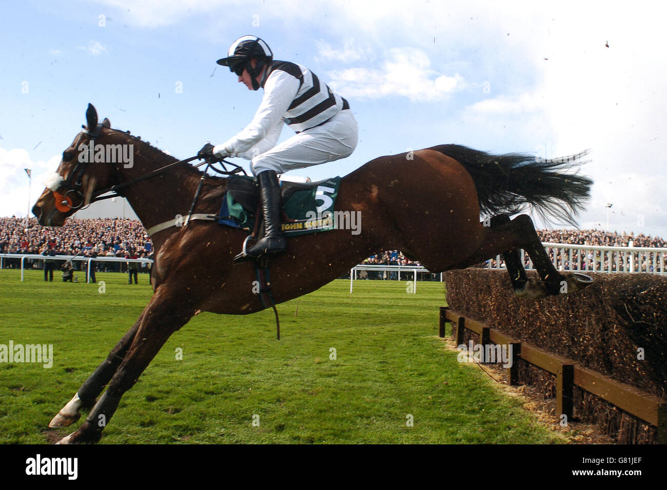 Horse Racing - The John Smith's Grand National Meeting 2005 - Aintree. Moscow Flyer ridden by Barry Geraghty on his way to winning The John Smith's Melling Steeple Chase Stock Photo